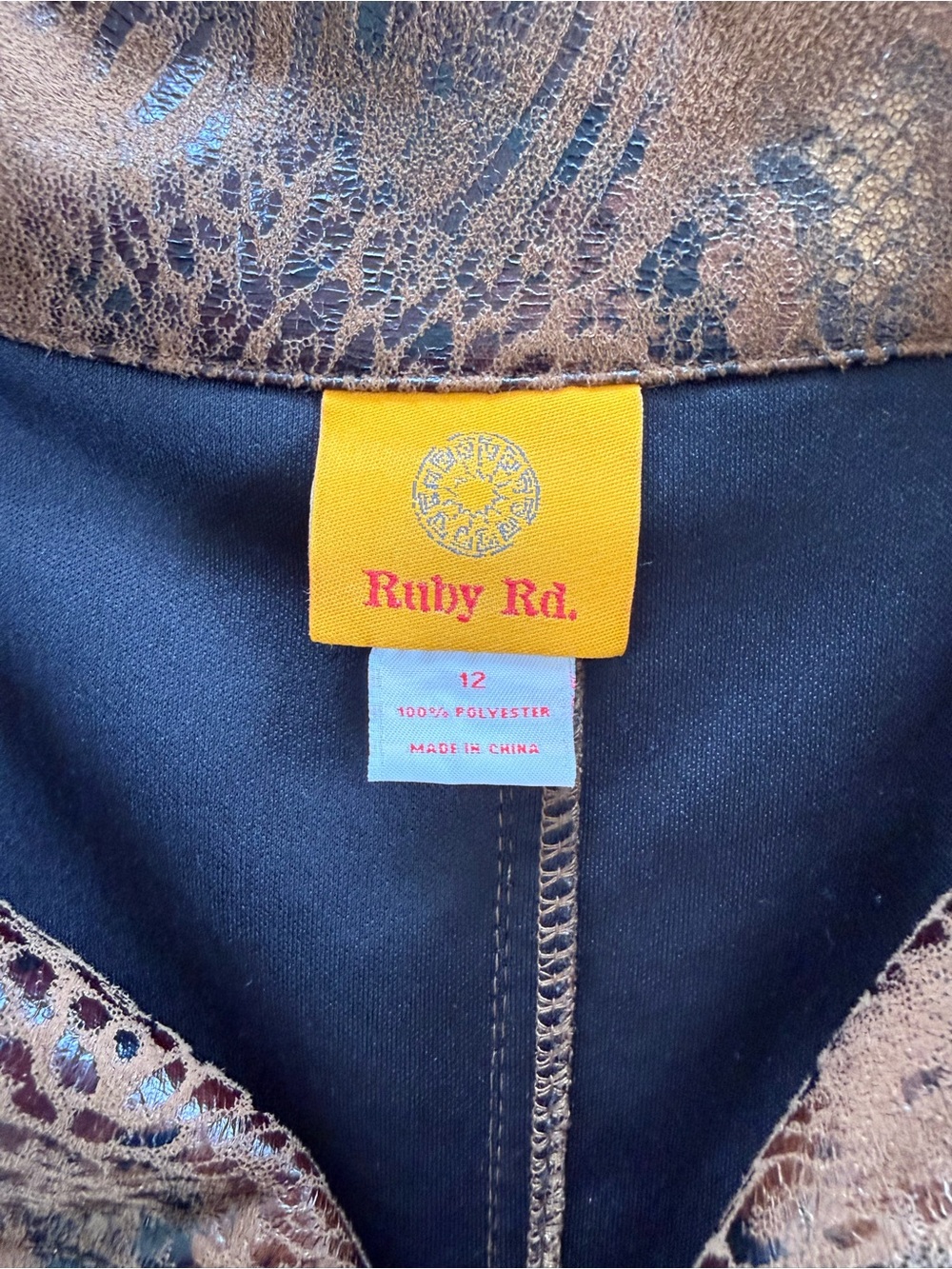 Ruby Rd. Metallic Faux Brown leather Pattern Zip Jacket - Picture 3 of 10